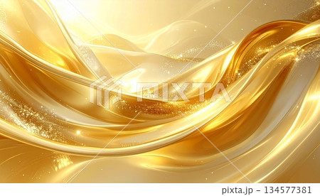 Luxurious abstract golden background featuring a smooth liquid silk texture with flowing satin waves and a shiny metallic pattern for a soft elegant fabric wallpaper design 134577381