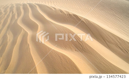 Natural ripples create an abstract windblown pattern across the textured sand dunes of a hot arid Sahara desert landscape 134577423