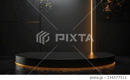 A magic wand and magic hat sit on an old table in a dark room where a spotlight creates artful lighting near a window and door frame 134577511