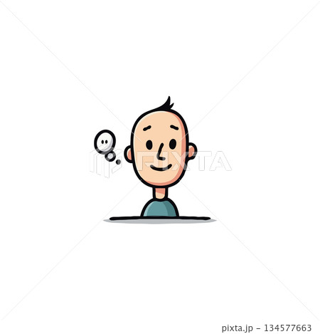 Whimsical cartoon character pondering with dotted thought cloud adds a playful touch of creative 134577663