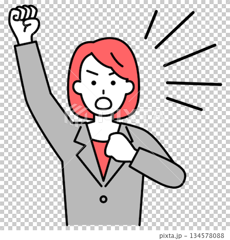 A woman in a suit protesting with her fist raised A woman in a suit protesting with her fist raised 134578088