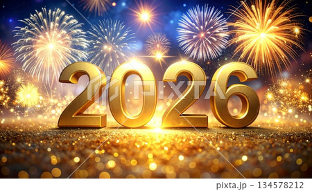 Happy New Year 2026 greeting card design with festive Christmas decoration lights and vector illustration numbers for a winter holiday celebration 134578212