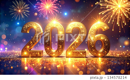 Happy New Year 2026 greeting card design with festive Christmas decoration lights and vector illustration numbers for a winter holiday celebration 134578214