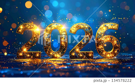 Happy New Year 2026 greeting card design with festive Christmas decoration lights and vector illustration numbers for a winter holiday celebration Happy New Year 2026 greeting card design with festive Christmas decoration lights and vector illustration numbers for a winter holiday celebration 134578222