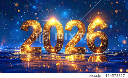 Happy New Year 2026 greeting card design with festive Christmas decoration lights and vector illustration numbers for a winter holiday celebration Happy New Year 2026 greeting card design with festive Christmas decoration lights and vector illustration numbers for a winter holiday celebration 134578227