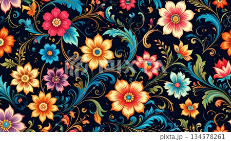Seamless abstract floral vector pattern with vintage yellow flowers and green leaf ornaments designed for a nature inspired textile wallpaper or spring fabric backdrop Seamless abstract floral vector pattern with vintage yellow flowers and green leaf ornaments designed for a nature inspired textile wallpaper or spring fabric backdrop 134578261