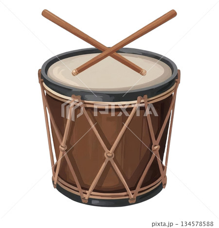 Traditional Rope Tension Snare Drum with Crossed Drumsticks in Early American Style 134578588