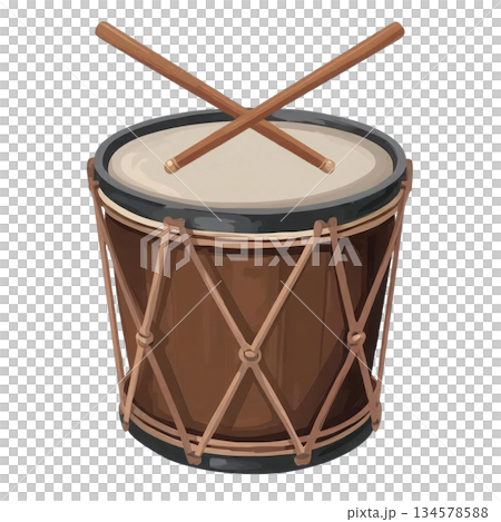 Traditional Rope Tension Snare Drum with Crossed Drumsticks in Early American Style 134578588
