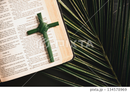 Palm leaf cross attached to crown of thorns green palm leaves on dark background symbolizing Christian faith Palm Sunday sacrifice Easter reflection religious concept for worship prayer church design Palm leaf cross attached to crown of thorns green palm leaves on dark background symbolizing Christian faith Palm Sunday sacrifice Easter reflection religious concept for worship prayer church design 134578969