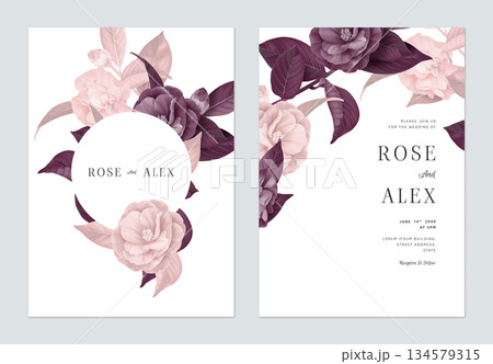 Floral wedding invitation card template design, Semi-double Camellia flowers with leaves in purple and pink tones 134579315