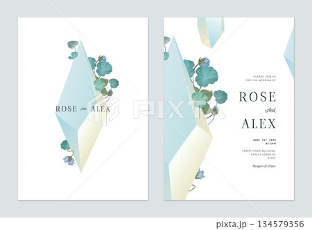 Floral wedding invitation card template design, blue crystal decorated with plants and flowers 134579356