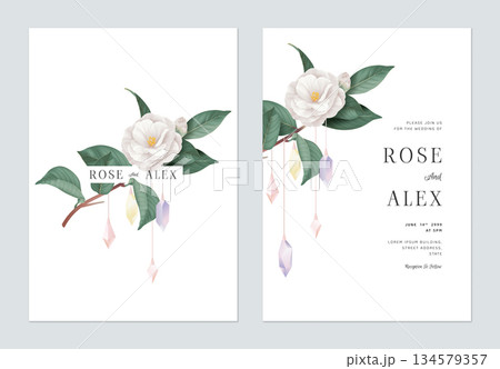 Floral wedding invitation card template design, white Semi-double Camellia flower decorated with crystals on white 134579357