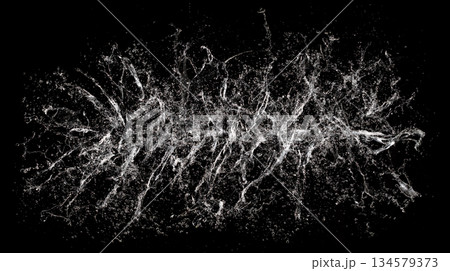 Splashing water to object make curve drop explosion in explosion motion. Black background isolated. Splatter Water splash hit on object to create shape form fluttering in droplet and wave 134579373