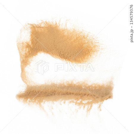 Small size fine Sand flying explosion, Golden grain wave explode. Abstract cloud fly. Yellow colored sand splash silica in Air. White background Isolated high speed shutter, throwing freeze shot 134579376