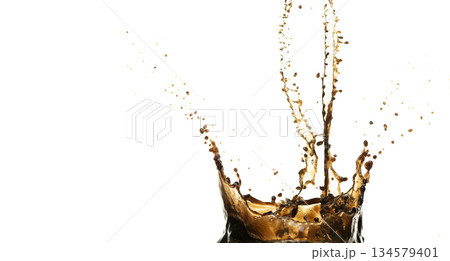 Black Coffee, tea, espresso, cola pouring and splash as crown water. Coffee, tea, espresso, cola explode bubble splash in mid air. White background isolated photo with gold glitter 134579401