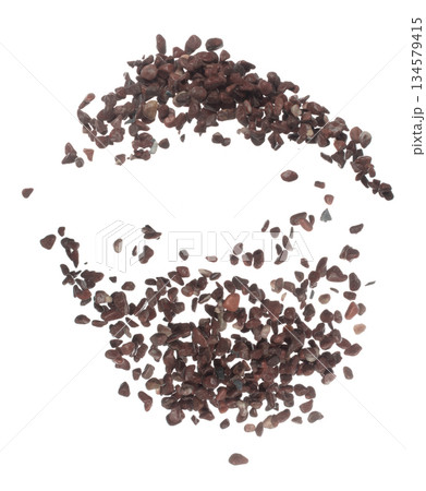 Fish Tank decorative Rock stone gravel fly explosion fall, red stone rock explode abstract cloud fly, splash in air for ground floor. White background isolated high speed shutter freeze shot 134579415