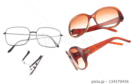 Working smart Fashion Glasses fly in air showing many angle rotated. Fashion trend glasses for confident work and beautiful wearing is good for shape of head. White background isolated Working smart Fashion Glasses fly in air showing many angle rotated. Fashion trend glasses for confident work and beautiful wearing is good for shape of head. White background isolated 134579456