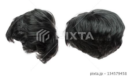 Short straight Wig hair style fly fall explosion. Silver gray man woman wig hair float in mid air. Middle age elderly wig hair wind blow cloud throw. White background isolated high speed freeze motion 134579458