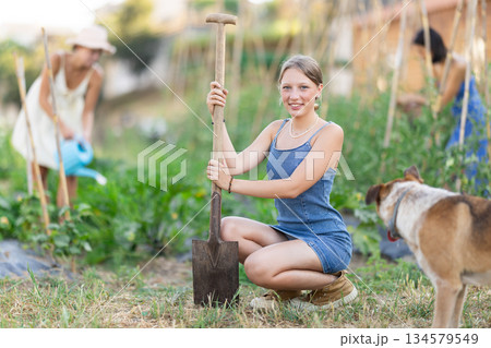 Girl and mongrel dog near bed of greenhouse plants. Two garden plot workers are busy in background Girl and mongrel dog near bed of greenhouse plants. Two garden plot workers are busy in background 134579549