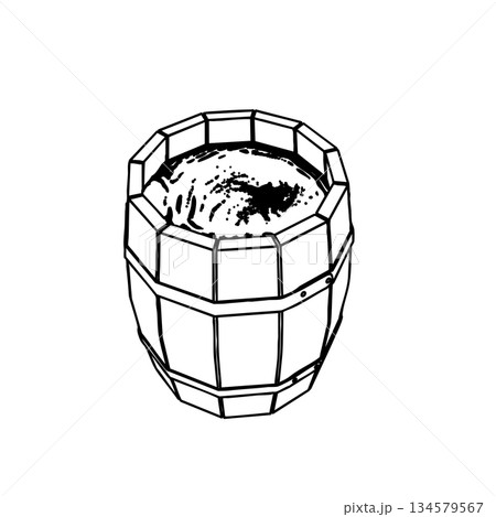 Outline for Coloring of Wooden Old Vintage Barrel with Metal Bands filled by Water. Vector Illustration. Outline for Coloring of Wooden Old Vintage Barrel with Metal Bands filled by Water. Vector Illustration. 134579567