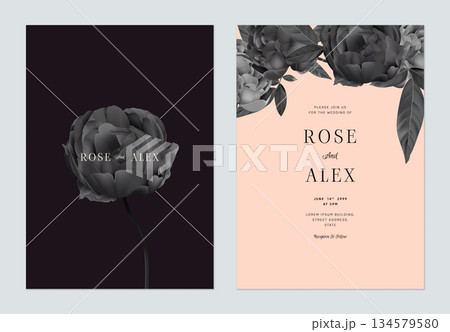 Floral wedding invitation card template design, black roses on dark purple and bright orange 134579580