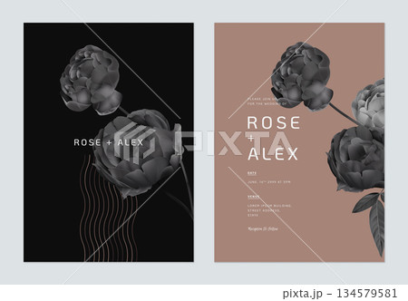 Floral wedding invitation card template design, black roses on dark grey and brown 134579581