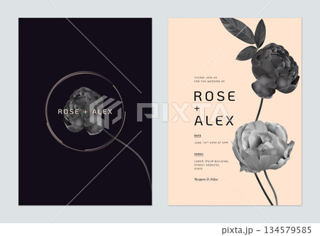 Minimalist floral wedding invitation card template design, black roses on dark purple and bright orange Minimalist floral wedding invitation card template design, black roses on dark purple and bright orange 134579585