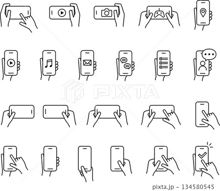 スマホ・スマートフォンを操作する手の編集可能なイラストアイコン8 134580545