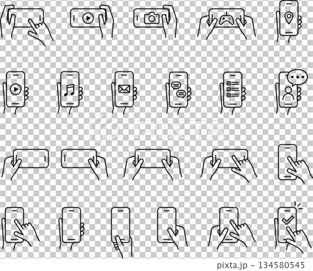 スマホ・スマートフォンを操作する手の編集可能なイラストアイコン8 134580545