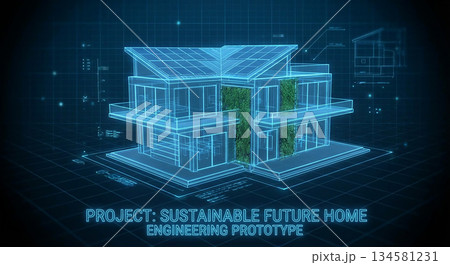 Modern house blueprint, glowing outline Modern house blueprint, glowing outline 134581231