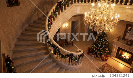 The attractive entrance features a grand staircase and a lit Christmas tree, The attractive entrance features a grand staircase and a lit Christmas tree, 134581241