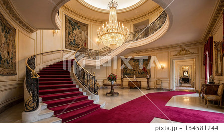 Elegant Staircase with Chandelier and Red Carpet. Elegant Staircase with Chandelier and Red Carpet. 134581244