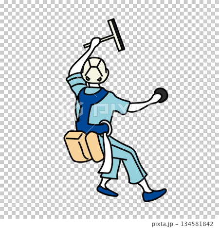 イラスト素材: 窓掃除をする清掃スタッフのキャラクター 134581842