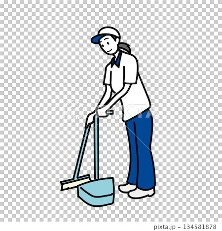 イラスト素材: 床掃除をする清掃スタッフのキャラクター 134581878
