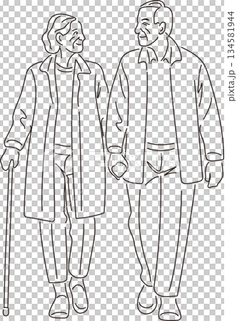 杖をついて歩くシニア夫婦。寄り添い微笑み合う高齢者カップル 　シンプル　手描き　線画　イラスト素材 134581944
