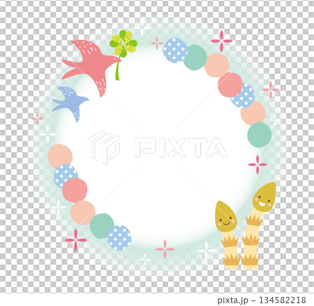 一幅可愛的畫面，由充滿春天氣息的馬尾草和鳥兒組成。 134582218