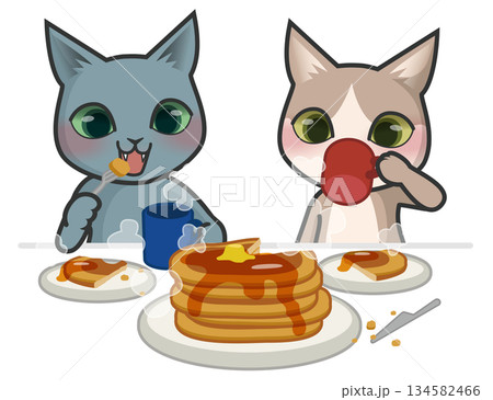 お茶を飲みながらパンケーキを食べる2匹の猫のキャラクター 134582466