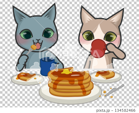 お茶を飲みながらパンケーキを食べる2匹の猫のキャラクター 134582466