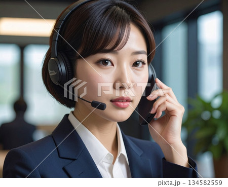 モダンオフィスでヘッドセット対応するプロのコールセンター担当者ポートレート 134582559