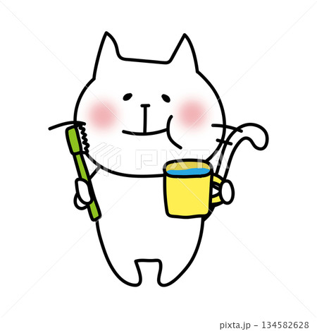 歯磨きでうがいをする白い猫 134582628