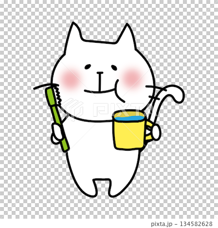 歯磨きでうがいをする白い猫 134582628