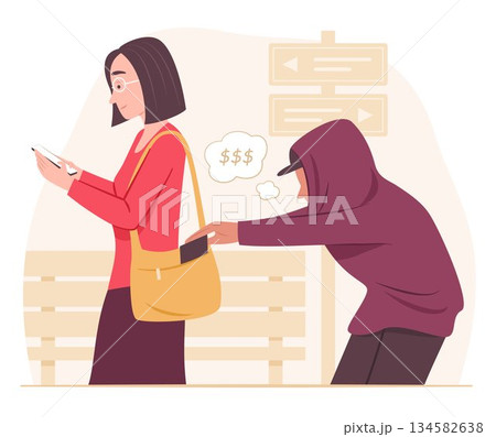 Pickpocket Thief in Hood Trying to Steal a Woman's Wallet from Her Bag while She Using Mobile Phone Outdoors for Social Crime and Illegal Concept Illustration Pickpocket Thief in Hood Trying to Steal a Woman's Wallet from Her Bag while She Using Mobile Phone Outdoors for Social Crime and Illegal Concept Illustration 134582638