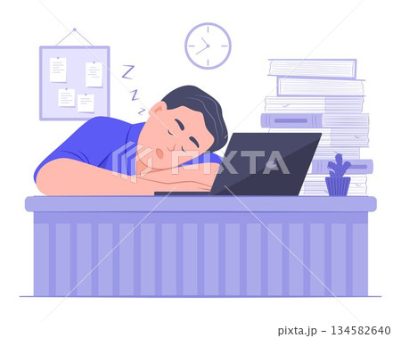 Office Man Asleep at Work on Night Time for Part Time Job Freelancer, Work Overload and Over-Burdened Concept illustration 134582640