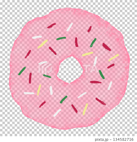 水彩手繪小吃插畫。粉紅巧克力甜甜圈，點綴著五彩繽紛的糖屑。 134582716