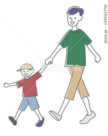 パパと息子が手をつないで歩いているイラスト 134582748
