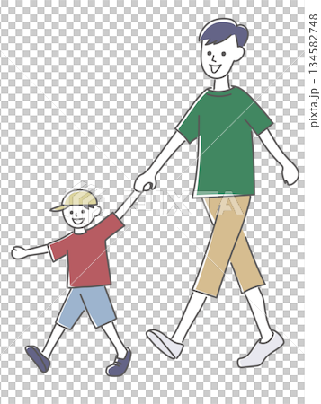 パパと息子が手をつないで歩いているイラスト 134582748