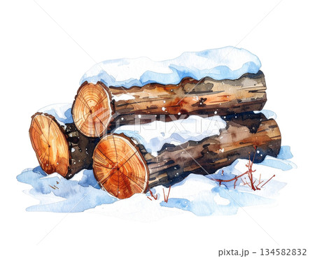 雪をかぶった薪の水彩イラスト 134582832