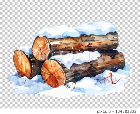 雪をかぶった薪の水彩イラスト 134582832
