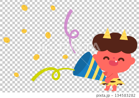 豆が出てくるクラッカーを持った赤鬼 134583282