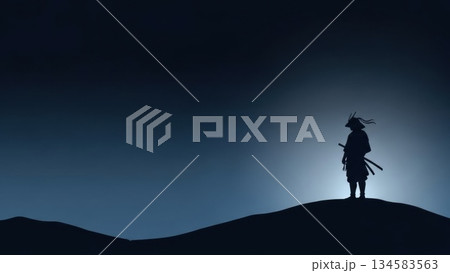 孤高の戦士：夜明けの丘に立つ侍のシルエット 134583563